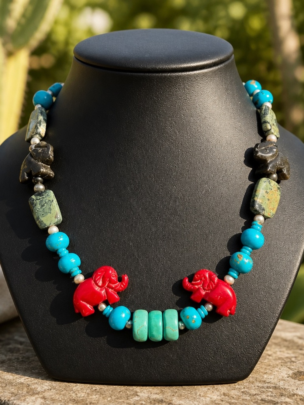 Handcrafted Turquoise & Red Elephant Beaded Necklace